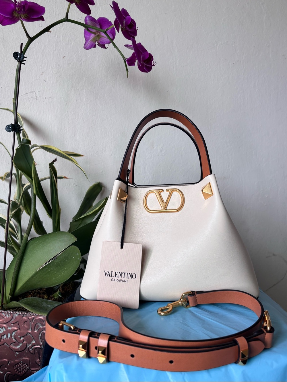 NWT Valentino Garavani- 
Small VLogo Rockstud Leather Top-Handle Bag